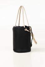 Black Bucket Bag | Faux Leather with Drawstring Closure-Blanc Loom
