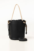 Black Bucket Bag | Faux Leather with Drawstring Closure-Blanc Loom