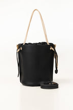 Black Bucket Bag | Faux Leather with Drawstring Closure-Blanc Loom
