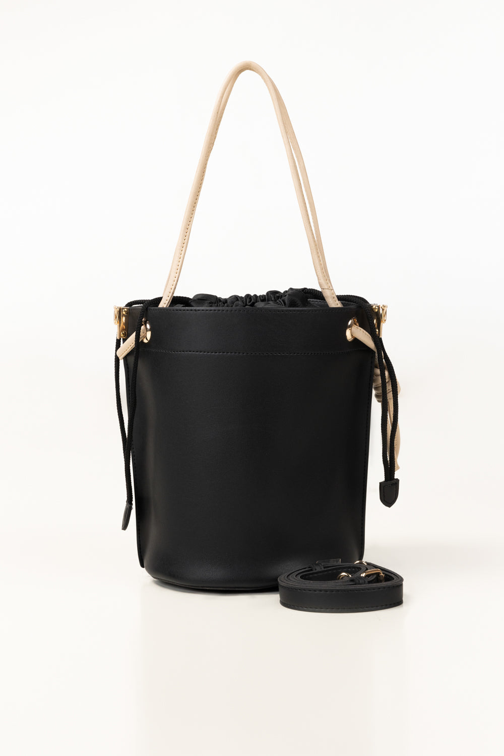 Black Bucket Bag | Faux Leather with Drawstring Closure-Blanc Loom