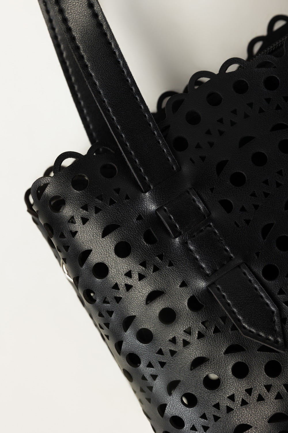 Black Mini Bag | Laser-Cut Faux Leather with Removable Pouch-Blanc Loom