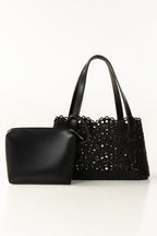 Black Mini Bag | Laser-Cut Faux Leather with Removable Pouch-Blanc Loom