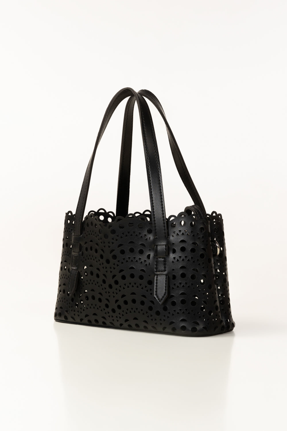 Black Mini Bag | Laser-Cut Faux Leather with Removable Pouch-Blanc Loom