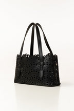 Black Mini Bag | Laser-Cut Faux Leather with Removable Pouch-Blanc Loom