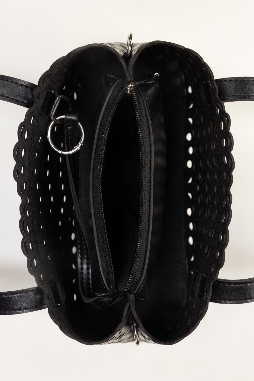 Black Mini Bag | Laser-Cut Faux Leather with Removable Pouch-Blanc Loom