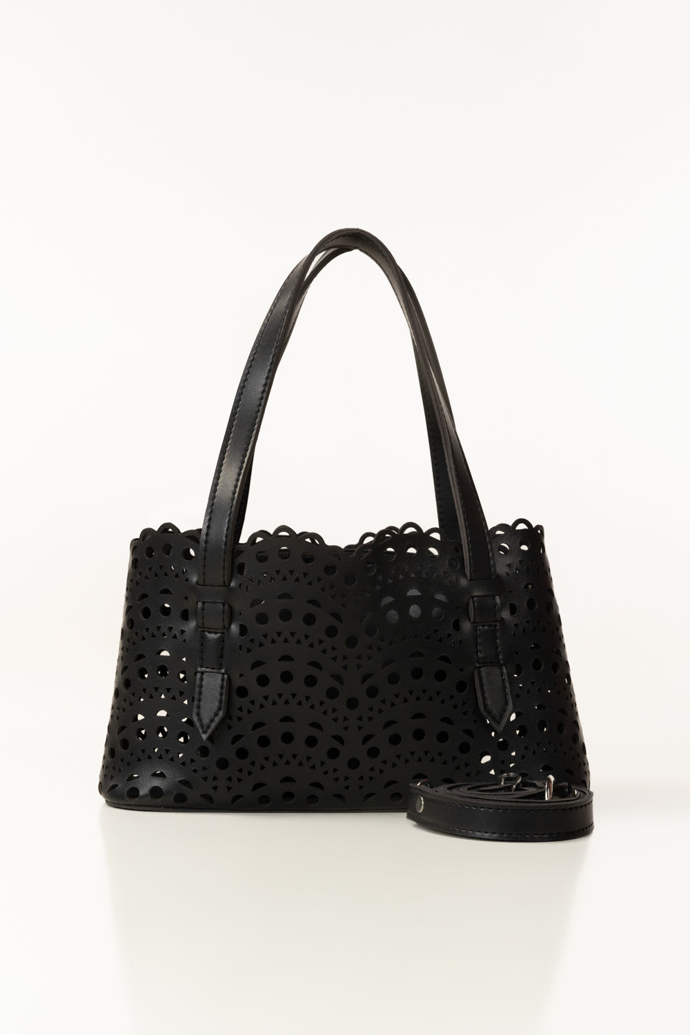 Black Mini Bag | Laser-Cut Faux Leather with Removable Pouch-Blanc Loom