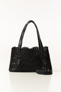Black Mini Bag | Laser-Cut Faux Leather with Removable Pouch-Blanc Loom