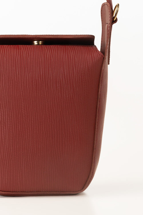 Maroon Bucket Bag | Textured Faux Leather with Gold-Tone Hardware-Blanc Loom