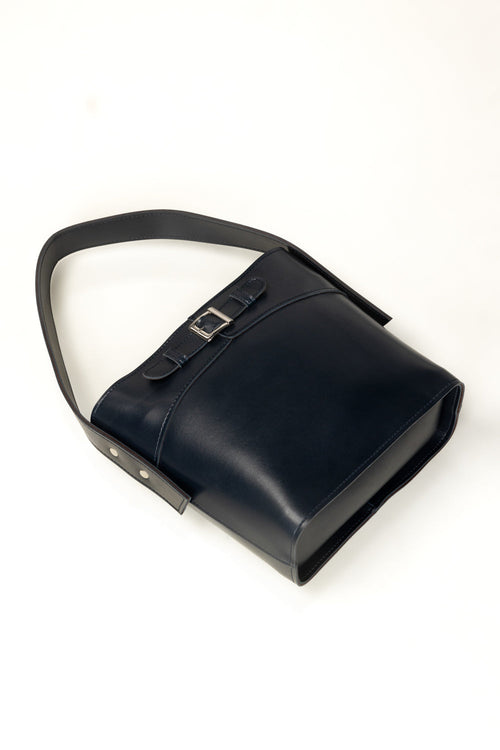 Navy Bucket Bag | Faux Leather with Detachable Strap-Blanc Loom