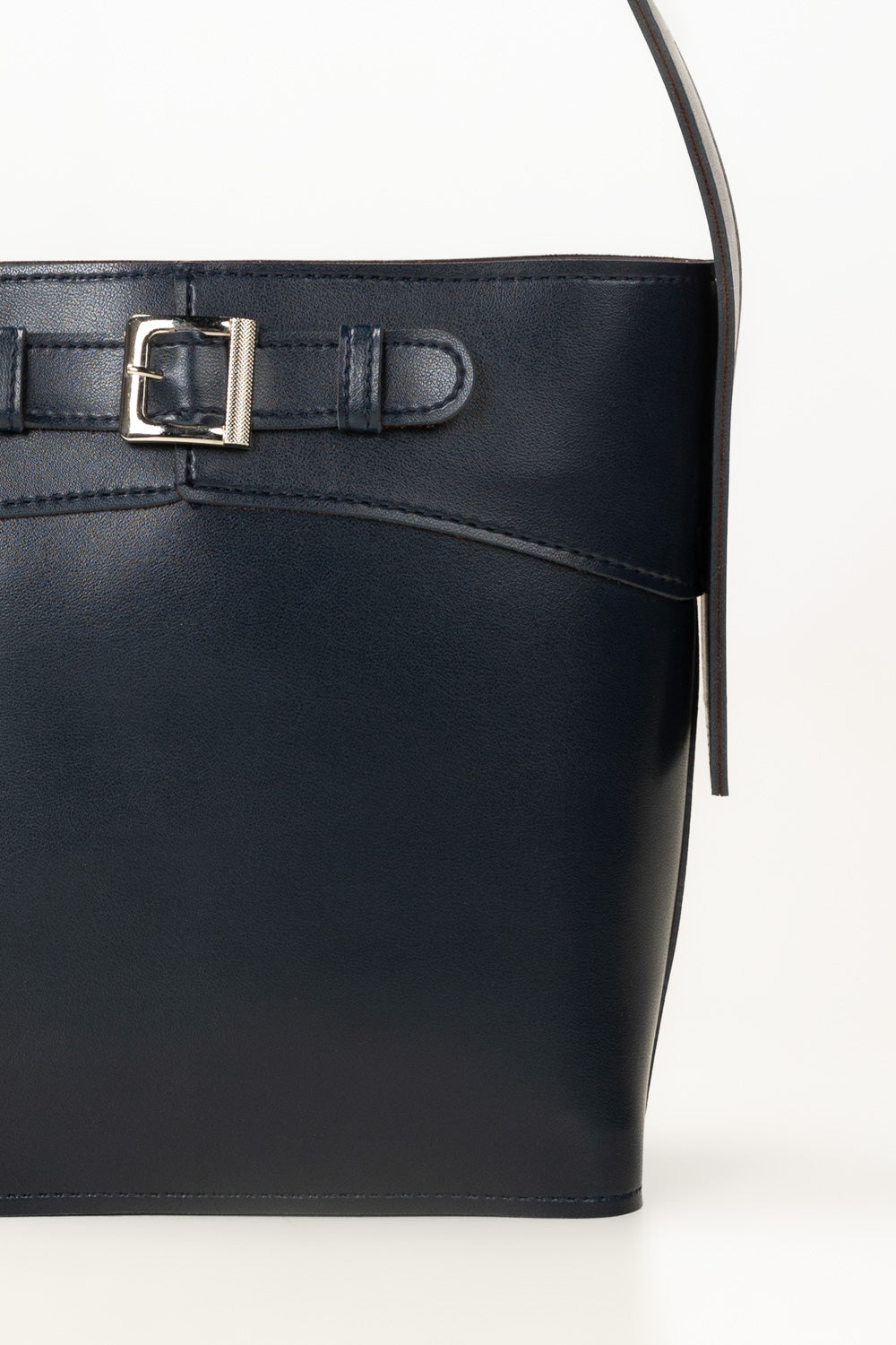 Navy Bucket Bag | Faux Leather with Detachable Strap-Blanc Loom