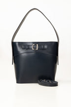 Navy Bucket Bag | Faux Leather with Detachable Strap-Blanc Loom