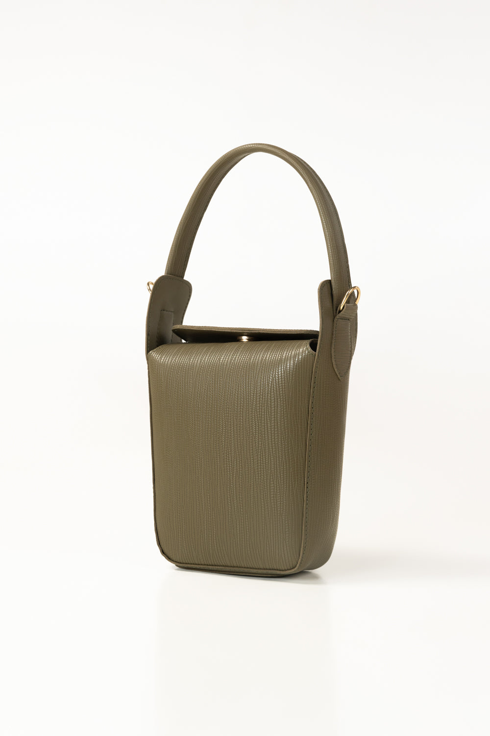 Olive Green Bucket Bag | Textured Faux Leather with Gold-Tone Hardware-Blanc Loom