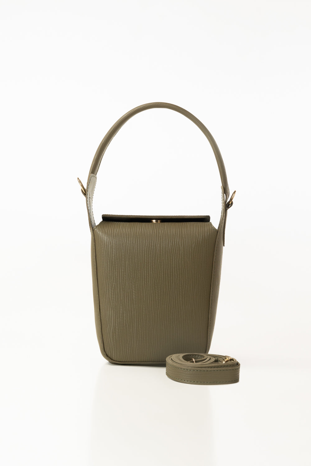 Olive Green Bucket Bag | Textured Faux Leather with Gold-Tone Hardware-Blanc Loom