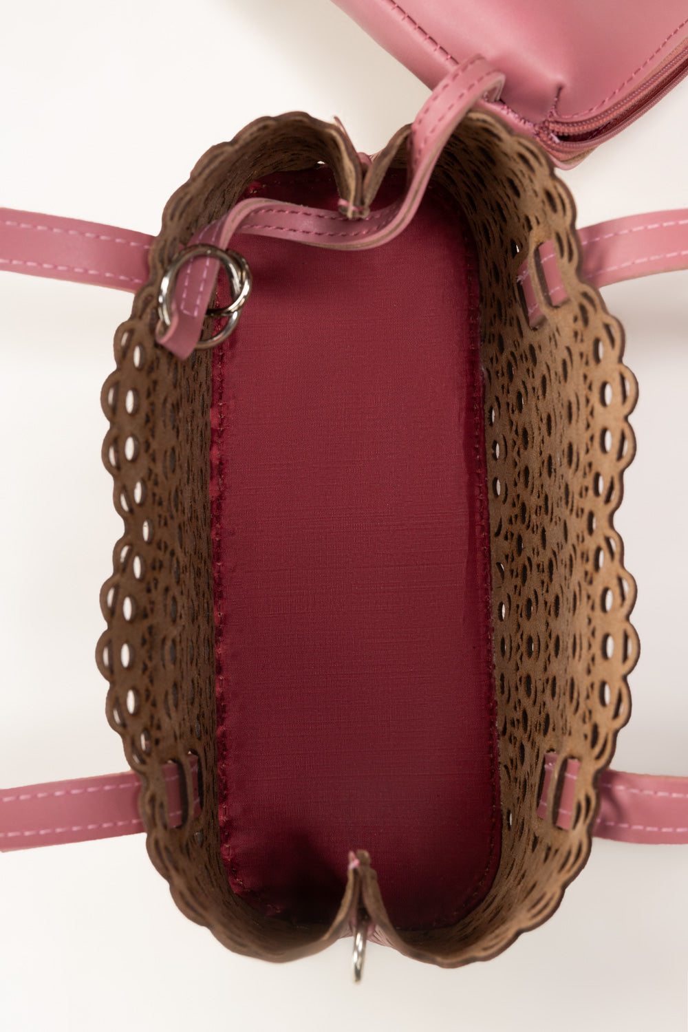 Pink Mini Bag | Laser-Cut Faux Leather with Removable Pouch-Blanc Loom