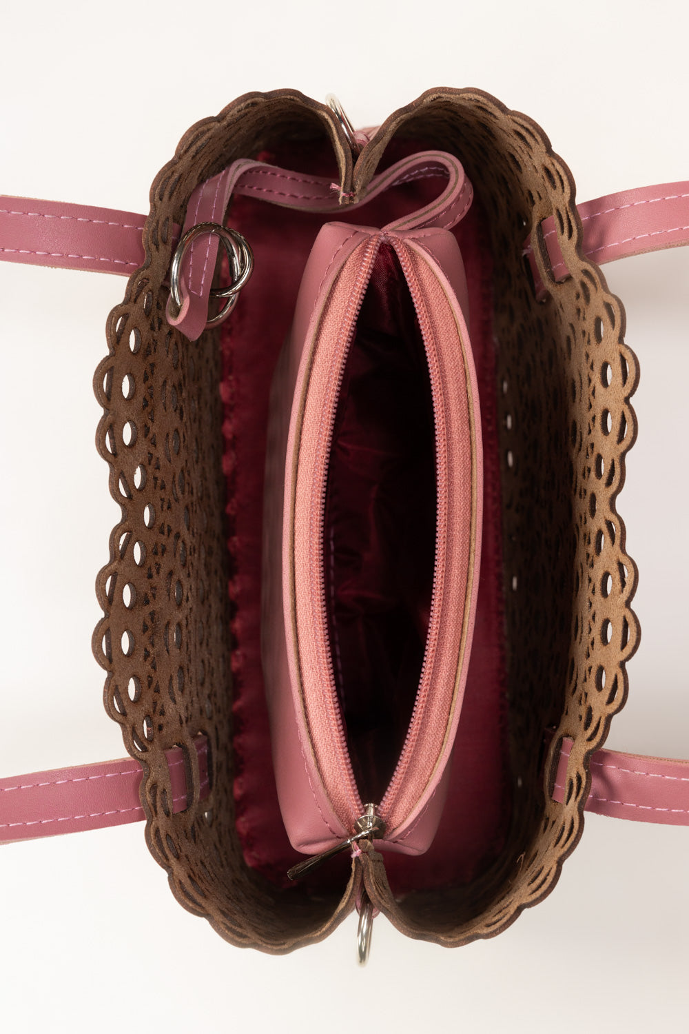 Pink Mini Bag | Laser-Cut Faux Leather with Removable Pouch-Blanc Loom