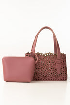 Pink Mini Bag | Laser-Cut Faux Leather with Removable Pouch-Blanc Loom